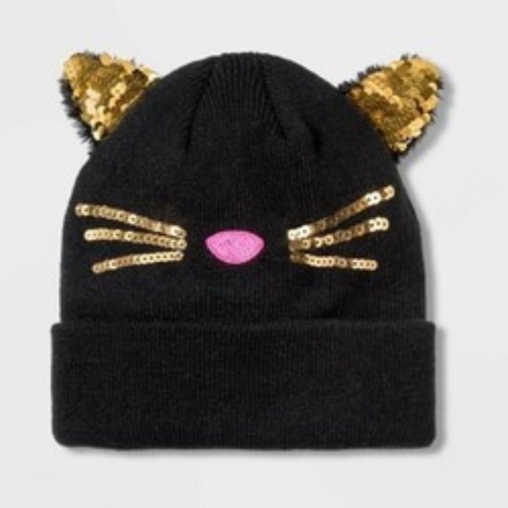 Girls' Cat Cuff Beanies - Cat & Jack Black One Siz